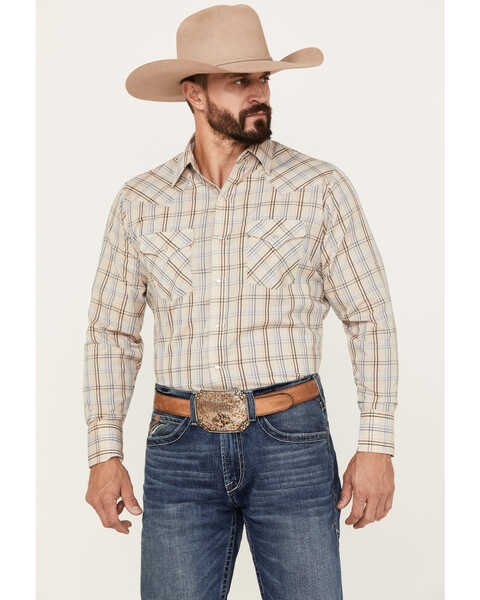 Ely Walker Men's Plaid Print Long Sleeve Snap Western Shirt , Beige/khaki, hi-res