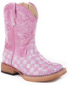 Roper Infant Girls' Pink Checker Glitter Cowgirl Boots, Pink, hi-res