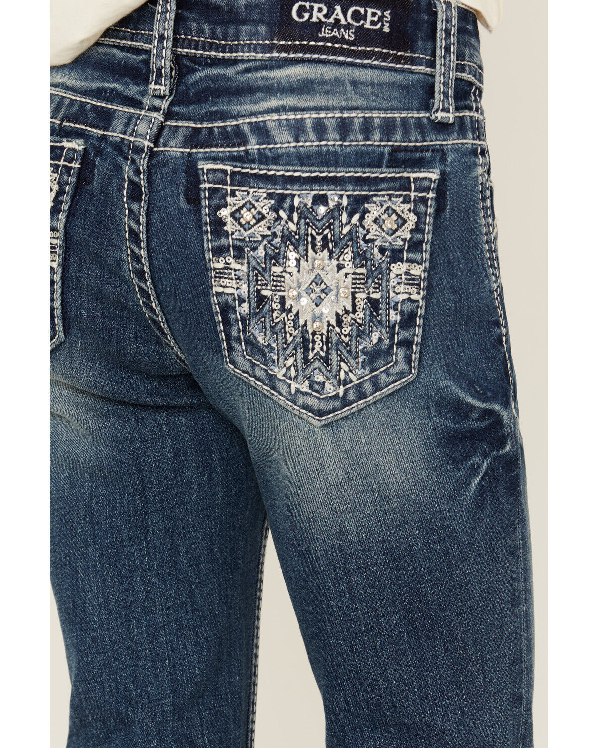 Image #2 - Grace in LA Girls' Dark Wash Geo Print Pocket Stretch Bootcut Jeans, Medium Wash, hi-res