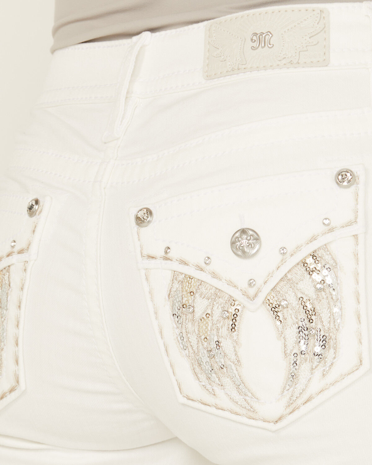 Image #2 - Miss Me Women's Mid Rise Wing Pocket Bootcut Stretch Denim Jeans, White, hi-res