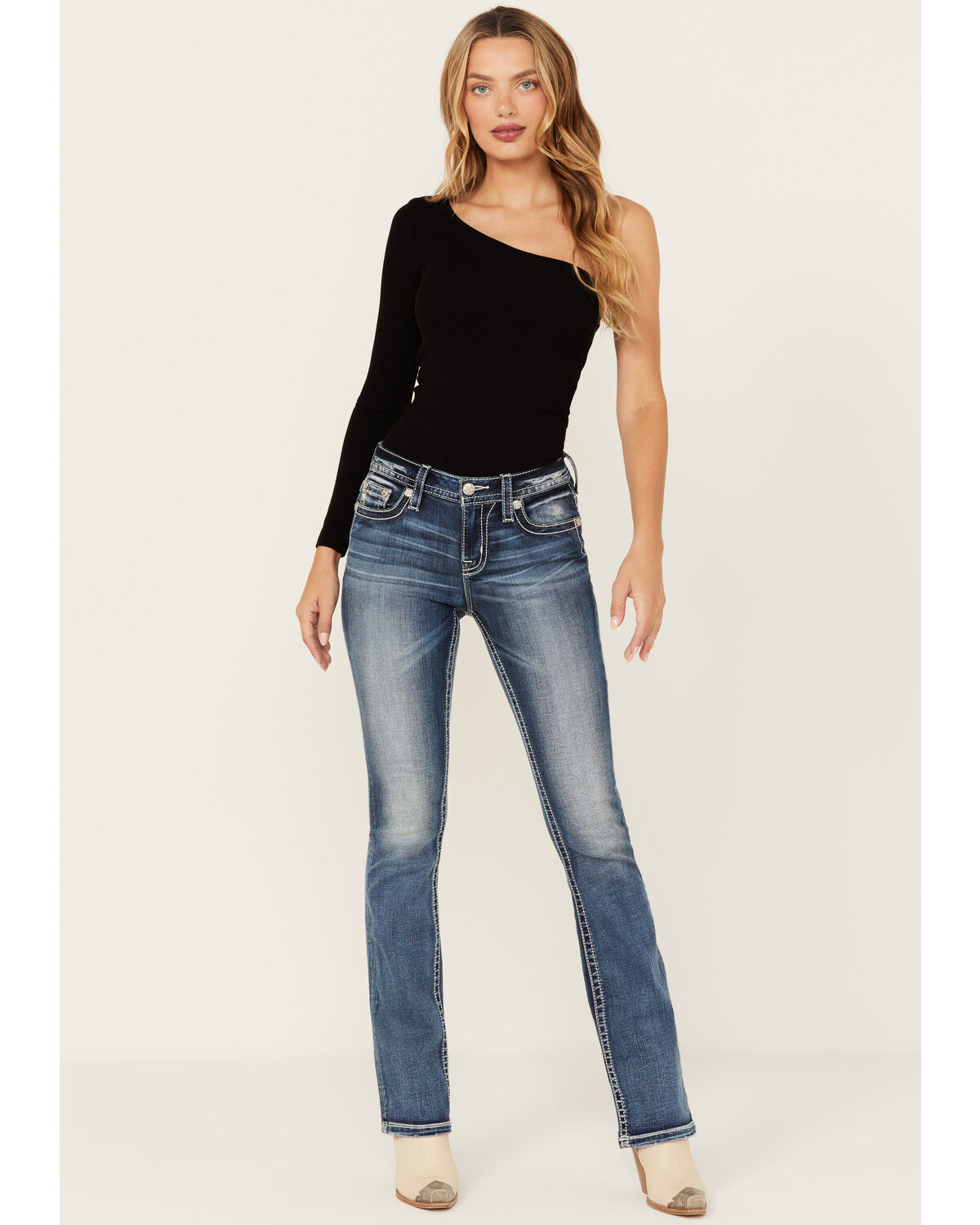 Image #3 - Miss Me Women's Dark Wash Mid Rise Fleur de Lis Bootcut Stretch Denim Jeans, Dark Wash, hi-res