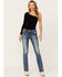 Image #3 - Miss Me Women's Dark Wash Mid Rise Fleur de Lis Bootcut Stretch Denim Jeans, Dark Wash, hi-res