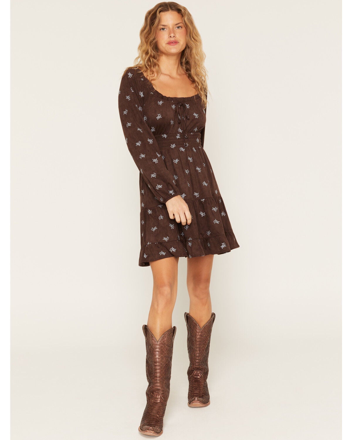 June & Hudson Women's Floral Embroidered Faux Suede Long Sleeve Mini Dress, Chocolate, hi-res