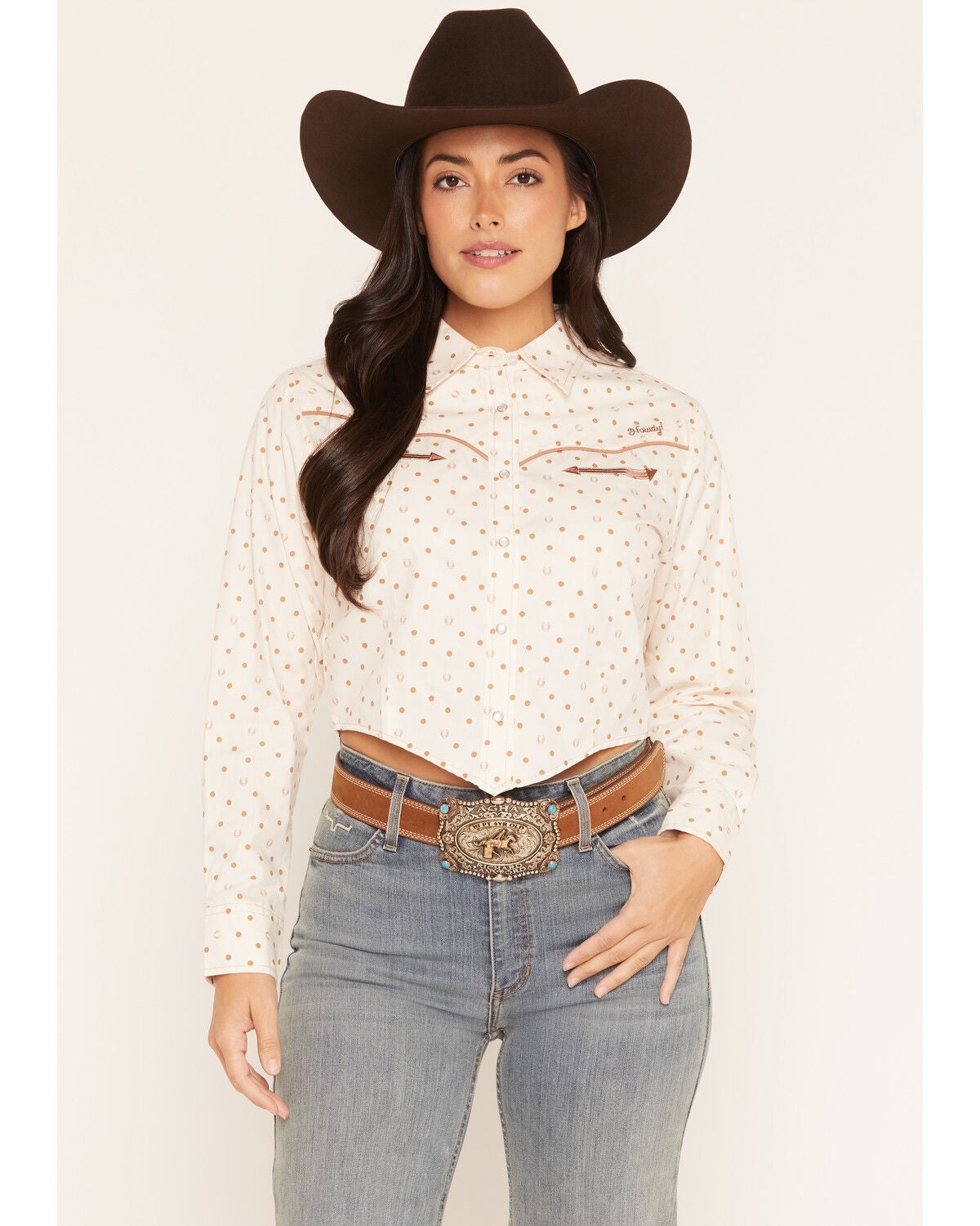 Image #1 - Ely Walker Women's Boot Barn Exclusive Polka Dot Print Long Sleeve Pearl Snap Cropped Western Shirt, Ivory, hi-res