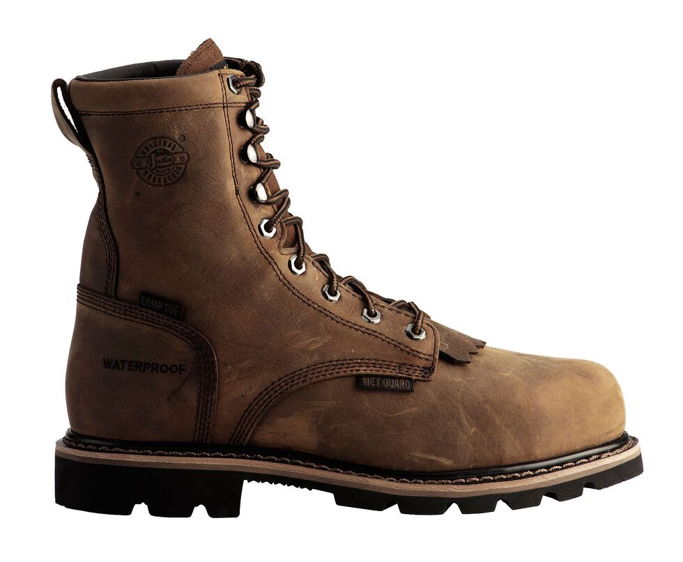 Justin Men's Pulley Waterproof MetGuard 8" Lace-Up Work Boots - Composite Toe, Brown, hi-res