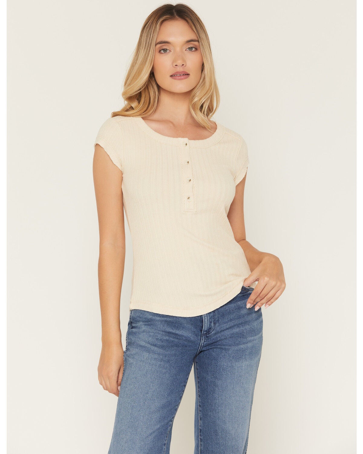 Image #1 - Shyanne Women's Solid Short Sleeve 1/4 Button-Down Shirt, Oatmeal, hi-res