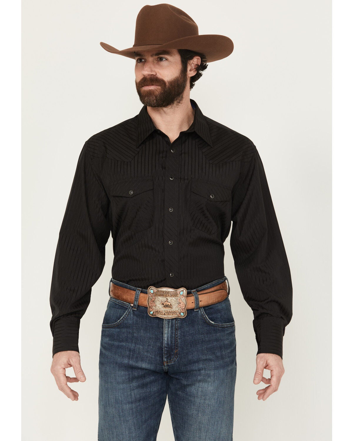 Image #1 - Wrangler Men's White Solid Dobby Long Sleeve Pearl Snap Western Shirt - Big & Tall, Black, hi-res