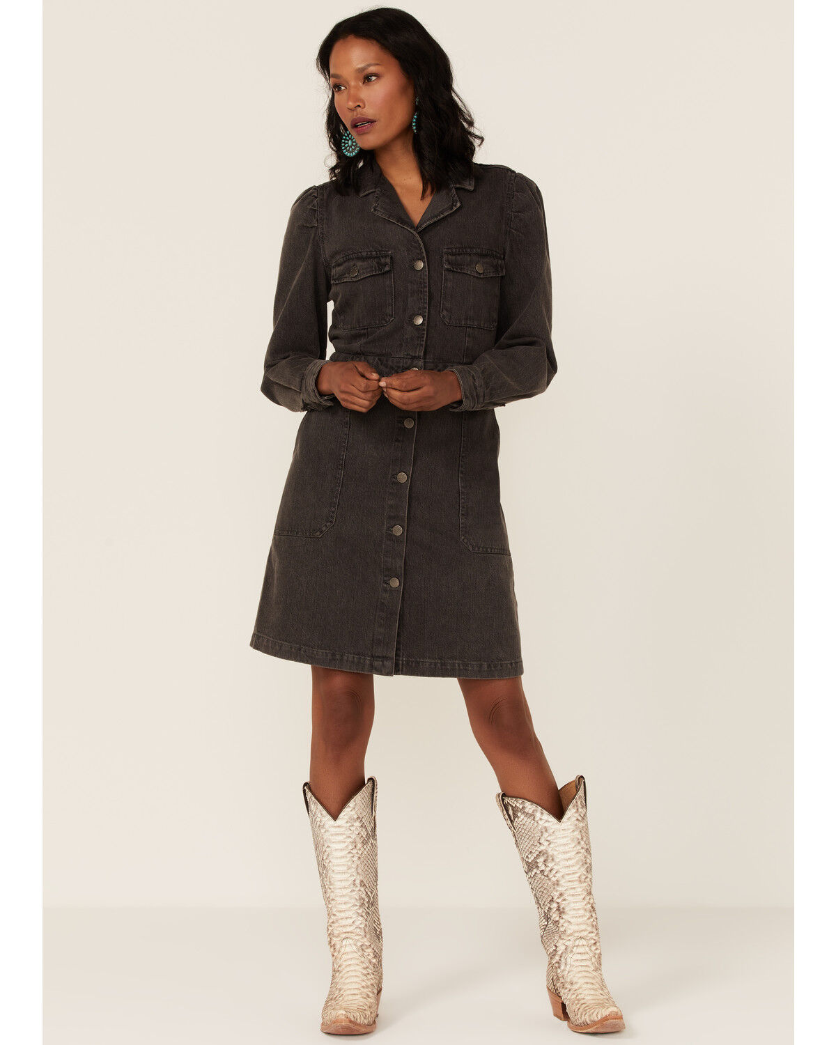 Image #1 - Velvet Heart Women's Long Sleeve Button-Down Denim Mini Dress, Black, hi-res