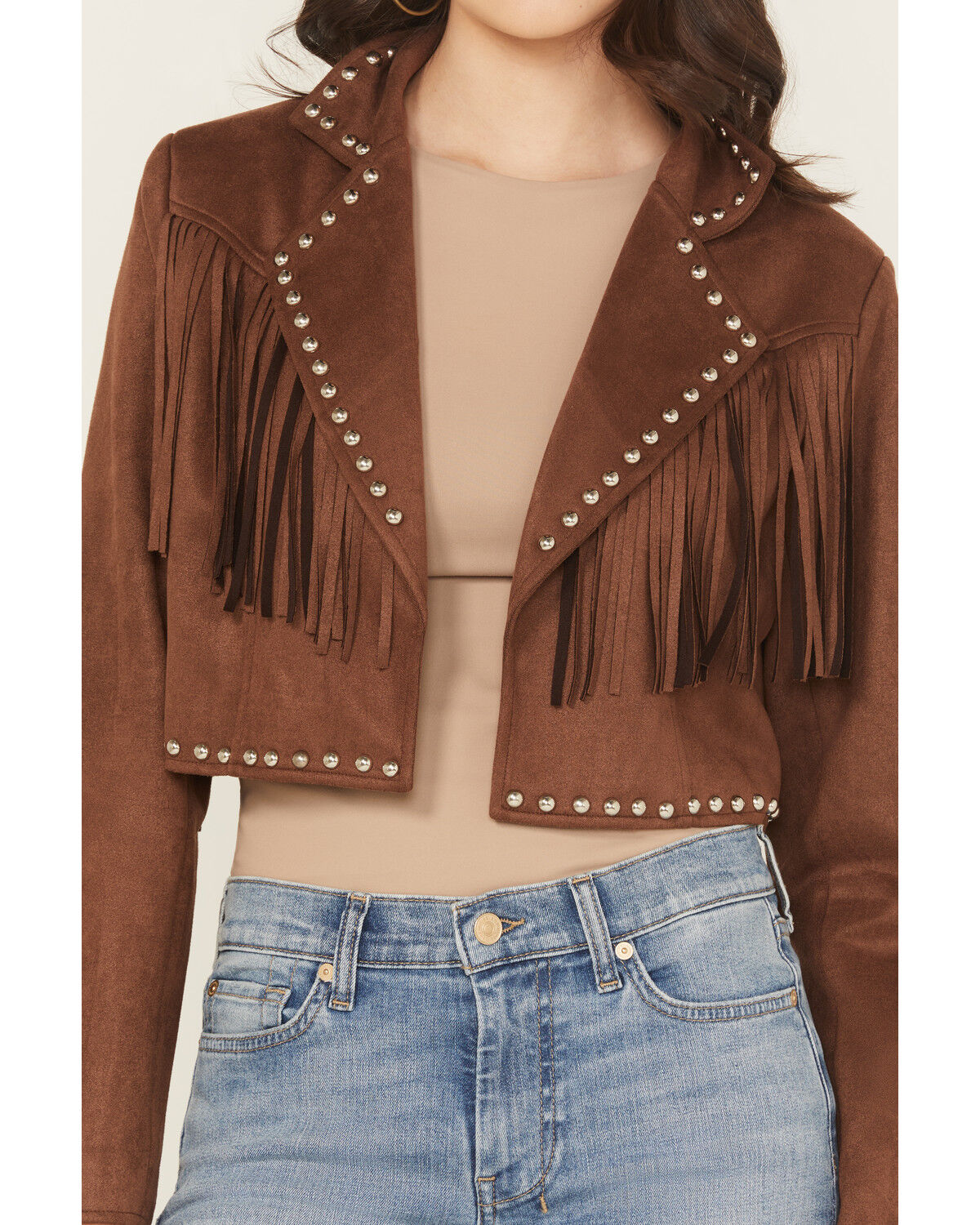 Image #3 - Saints & Hearts Women's Faux Suede Studded Fringe Cropped Jacket, Chocolate, hi-res