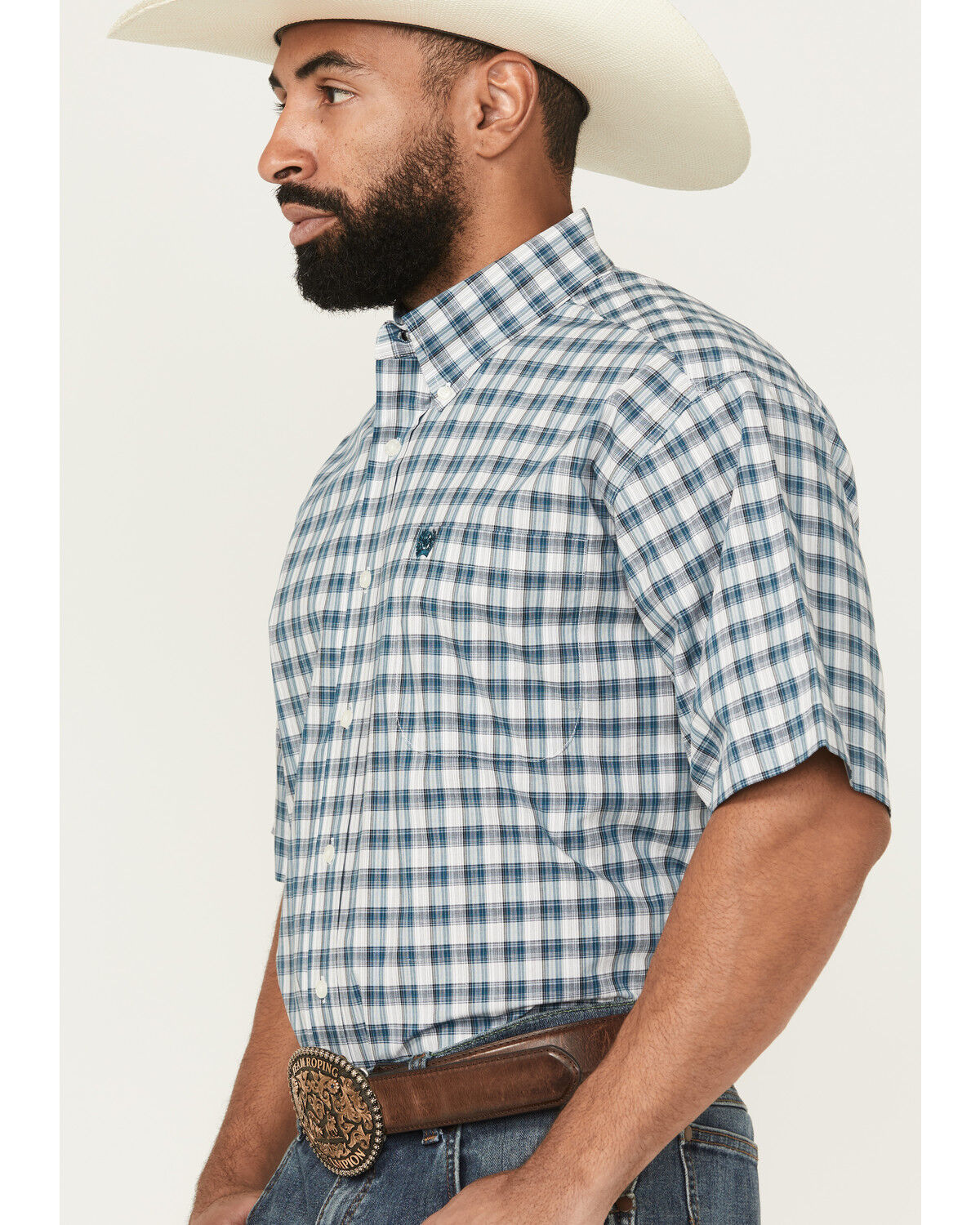 Image #2 - Cinch Men's Plaid Print Short Sleeve Button-Down Western Shirt, Cream, hi-res