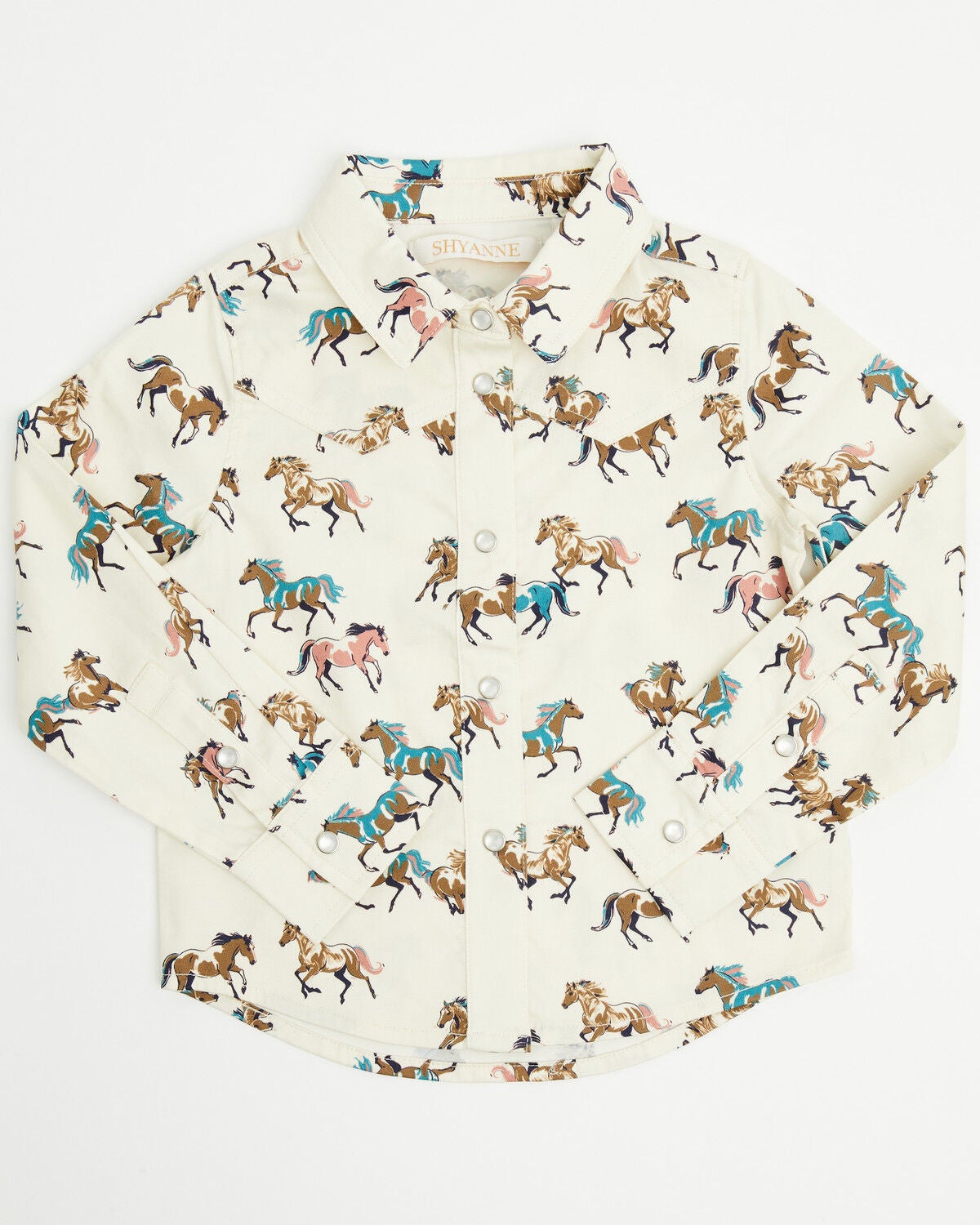 Shyanne Toddler Girls' Horse Print Long Sleeve Pearl Snap Stretch Western Shirt, Cream, hi-res