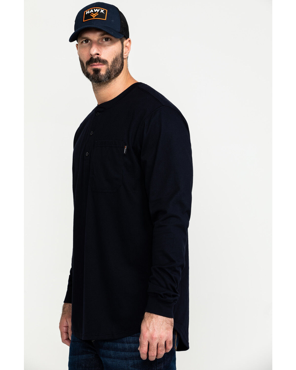 Image #3 - Hawx Men's FR Solid Long Sleeve Pocket Henley Work Shirt - Big, Navy, hi-res