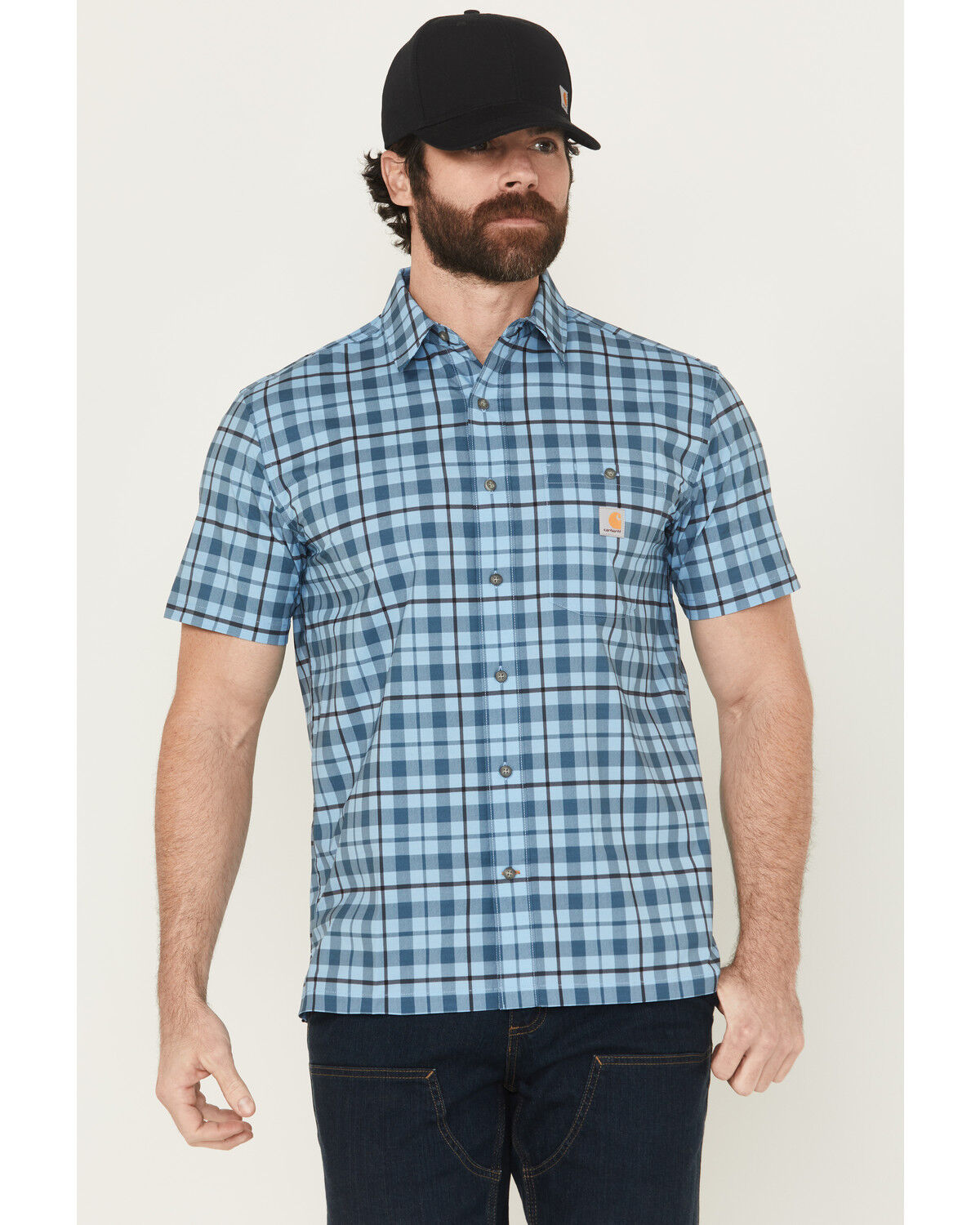 Image #1 - Carhartt Men's Force Sun Defender™ Relaxed Fit Lightweight Plaid Print Short Sleeve Button-Down Work Shirt, Blue, hi-res
