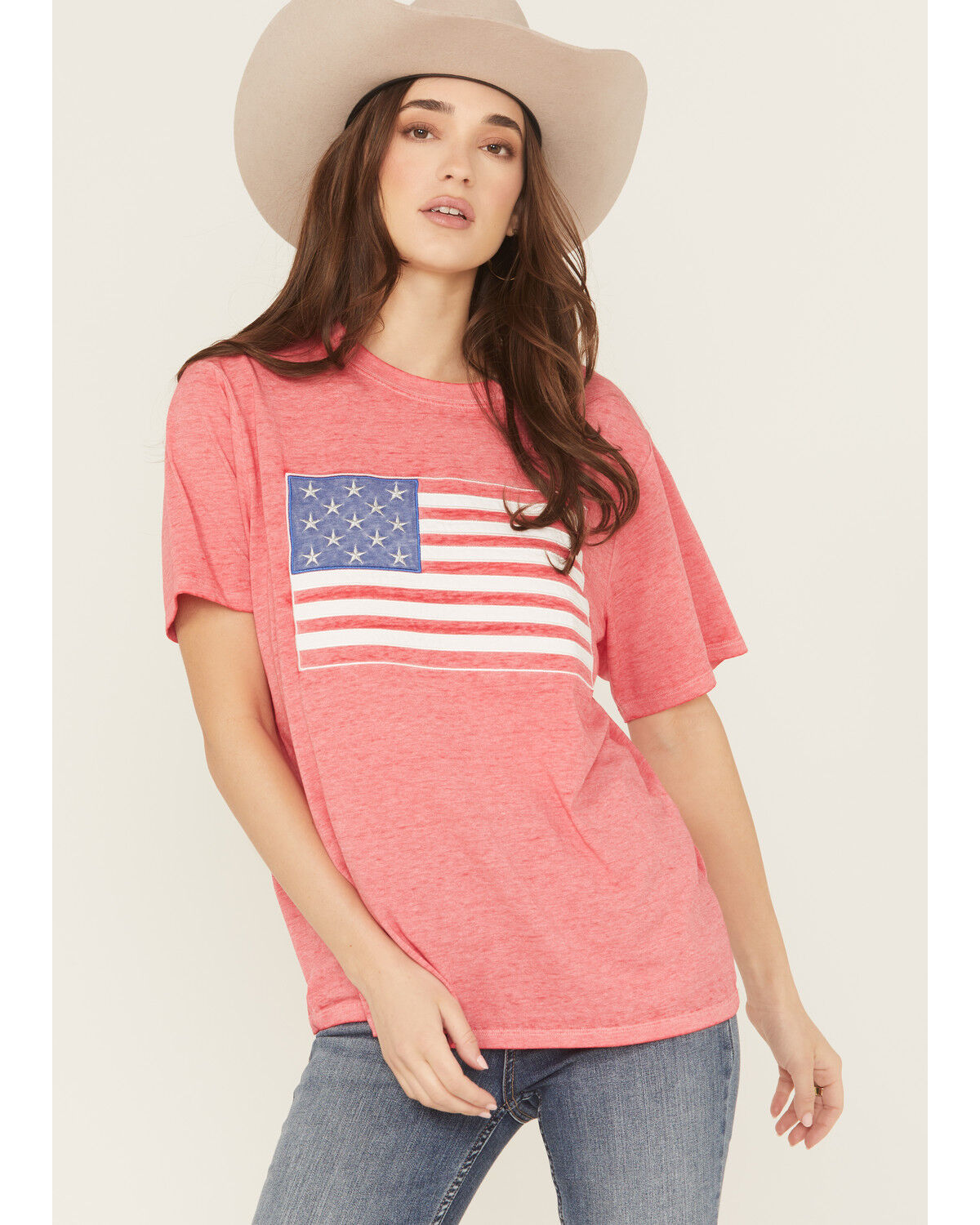 Image #1 - Blended Women's Flag Embroidered Short Sleeve Tee, Red, hi-res