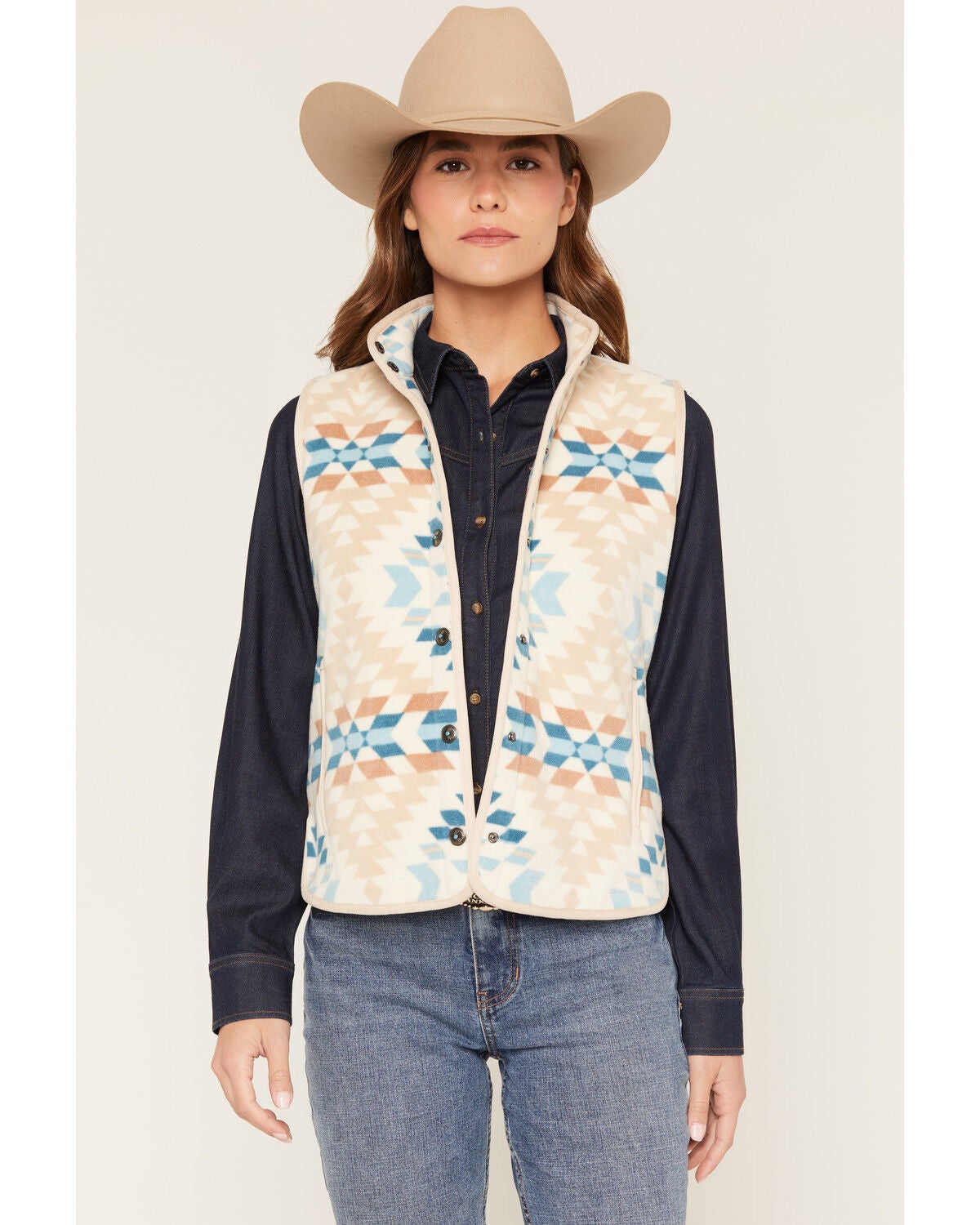 Shyanne Women's Southwestern Print Polar Fleece Vest, Khaki, hi-res