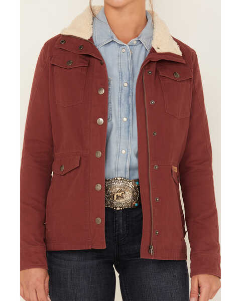 Image #3 - Powder River Outfitters Women's Sherpa-Lined Collar Denim Military Jacket, Red, hi-res