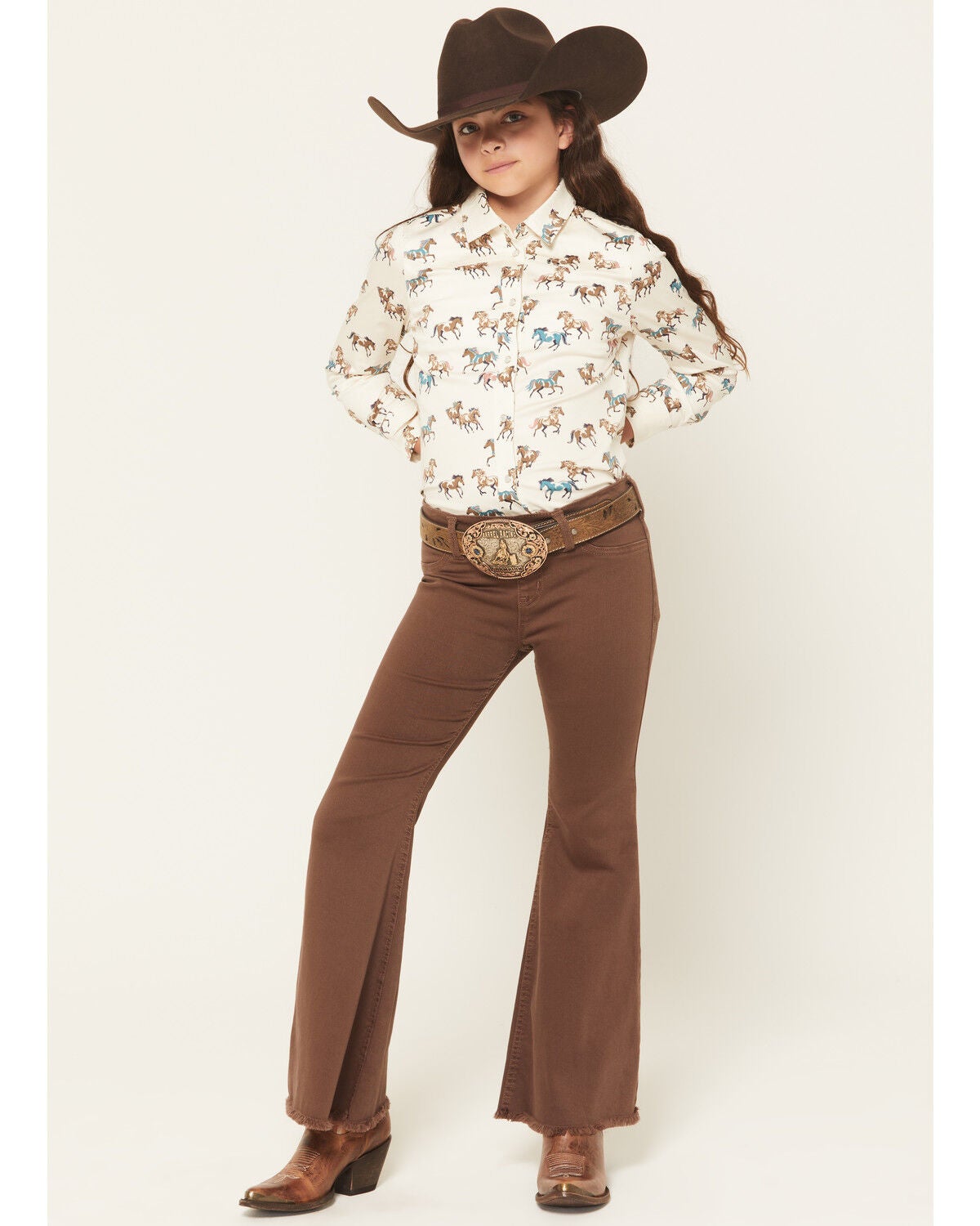 Shyanne Girls' Pull-On Flare Stretch Denim Jeans, Brown, hi-res
