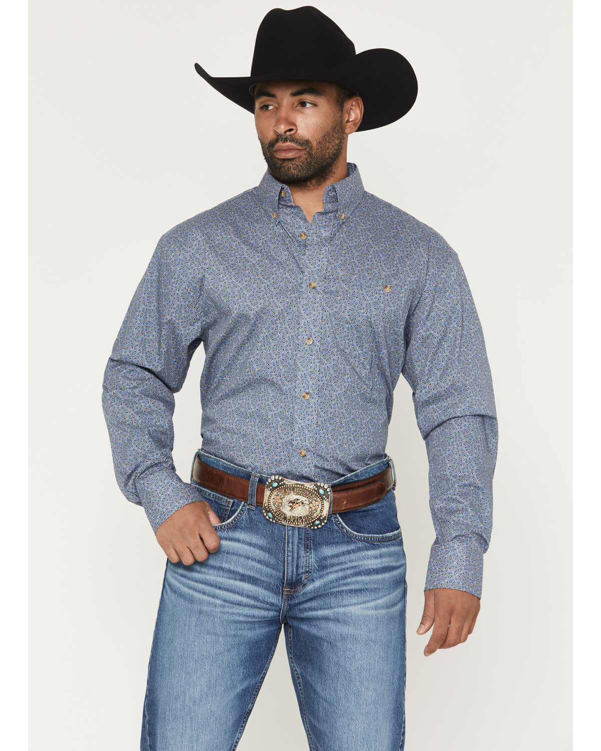 Image #1 - Wrangler Men's Paisley Print Long Sleeve Button-Down Stretch Western Shirt, Navy, hi-res
