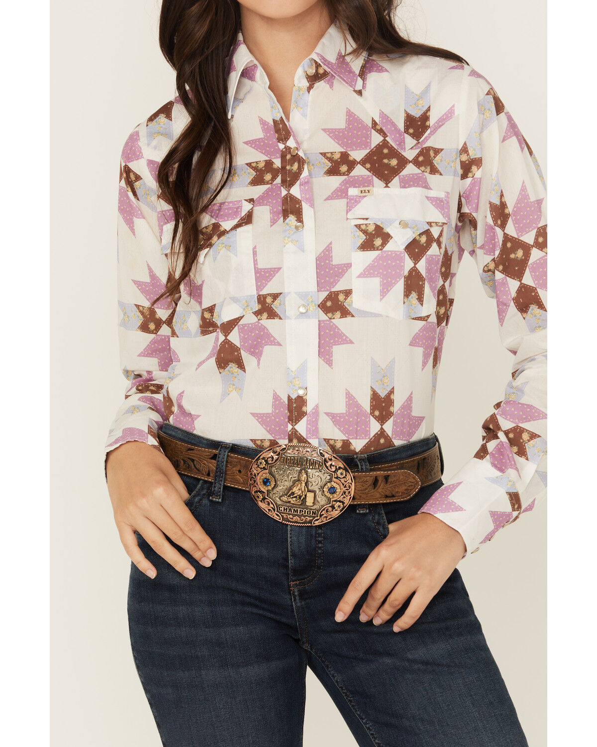 Image #4 - Cowboygirl by Jenna Paulette Women's Patchwork Print Long Sleeve Pearl Snap Western Shirt, Lavender, hi-res