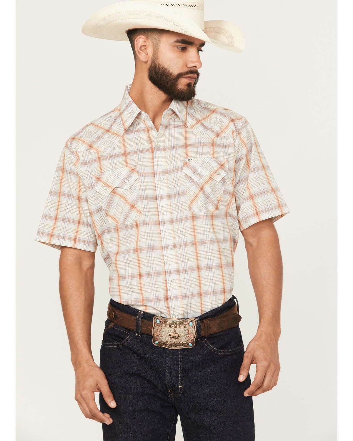 Ely Walker Men's Plaid Print Short Sleeve Snap Western Shirt, Multi, hi-res