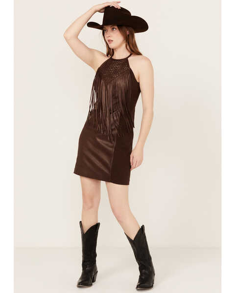 Image #1 - Wonderwest Women's Rain Drum Knotted Leather Slip Dress, Brown, hi-res