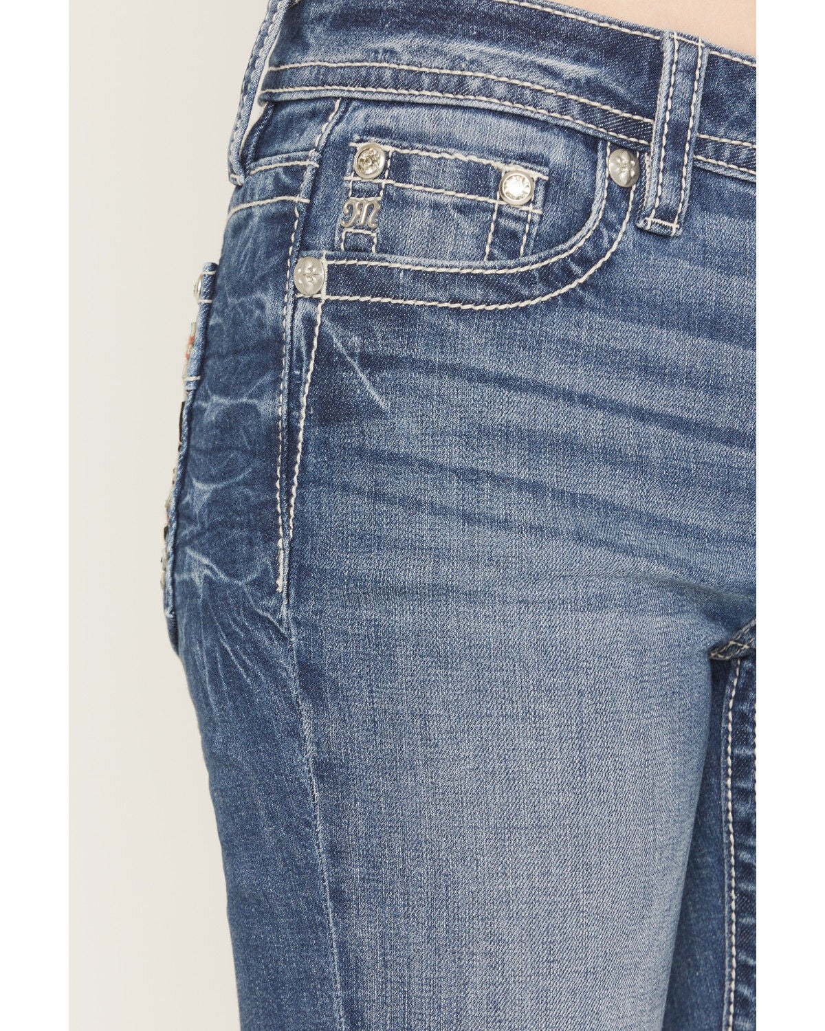 Image #4 - Miss Me Women's Medium Wash Mid Rise Wing Pocket 34" Bootcut Stretch Denim Jeans, Medium Wash, hi-res