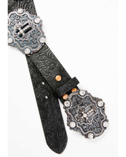 Image #2 - Shyanne Women's Cross Concho Tooled Strap Belt , Black, hi-res