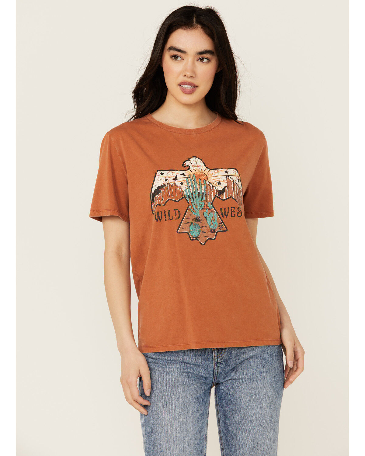 Image #1 - Rock & Roll Denim Women's Desert Eagle Short Sleeve Graphic Tee, Orange, hi-res