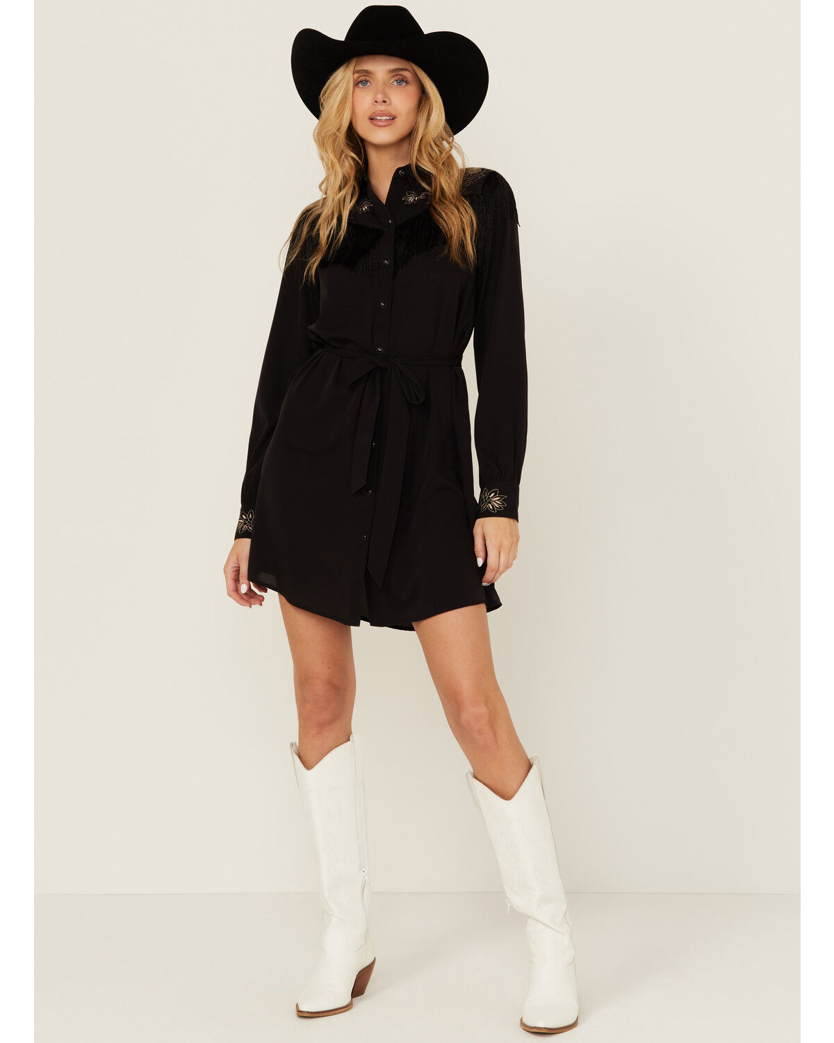 Image #1 - Rock & Roll Denim Women's Fringe Long Sleeve Snap Mini Dress, , hi-res
