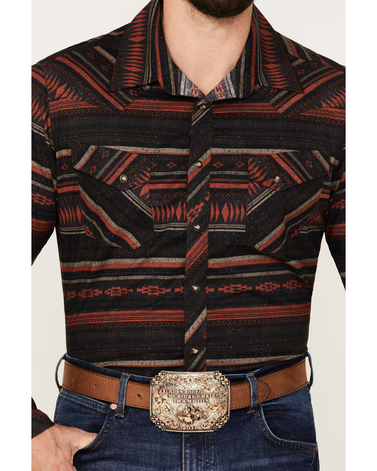 Image #3 - Rock & Roll Denim Men's Southwestern Stripe Stretch Long Sleeve Snap Shirt, Burgundy, hi-res