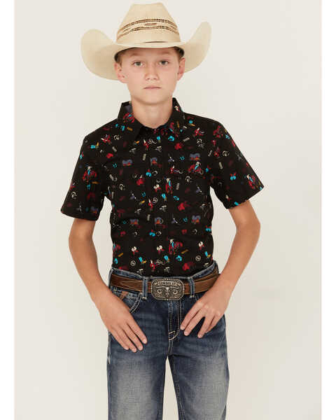 Image #1 - Cody James Boys' Sheriff Conversation Print Short Sleeve Snap Western Shirt  , Black, hi-res