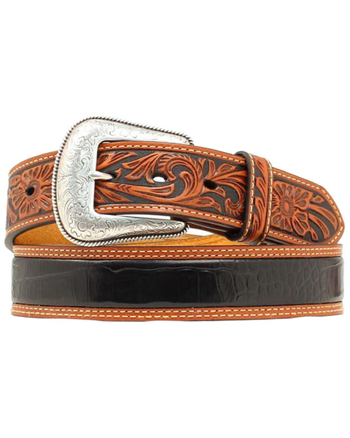 Image #1 - Nocona Gator Print Tooled Billet Western Belt, Black, hi-res