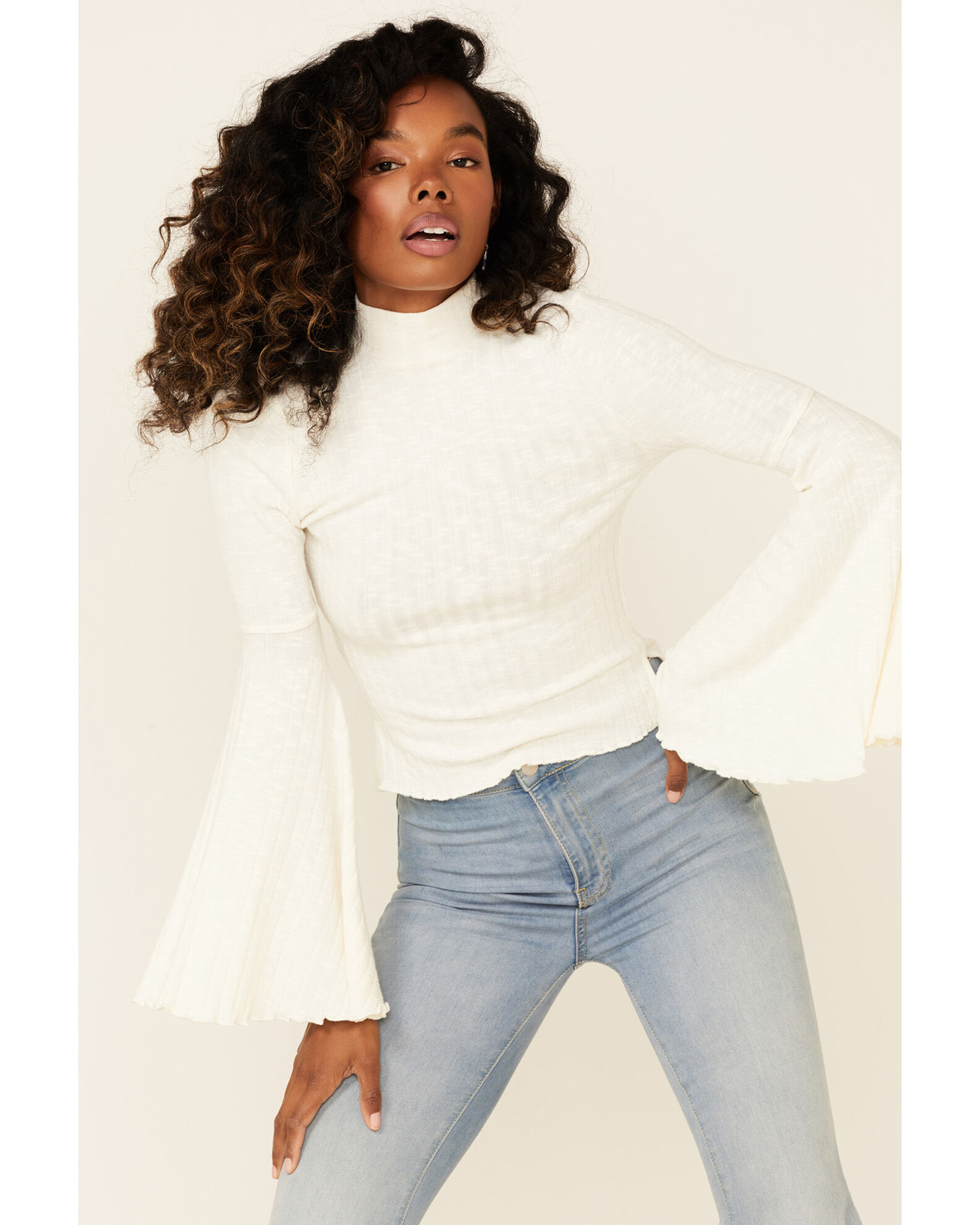 Shyanne Women s Rib Knit Mock Neck Bell Sleeve Top Country Outfitter
