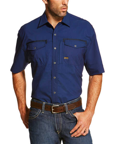 Image #1 - Ariat Men's Navy Rebar Short Sleeve Work Shirt - Tall, Navy, hi-res