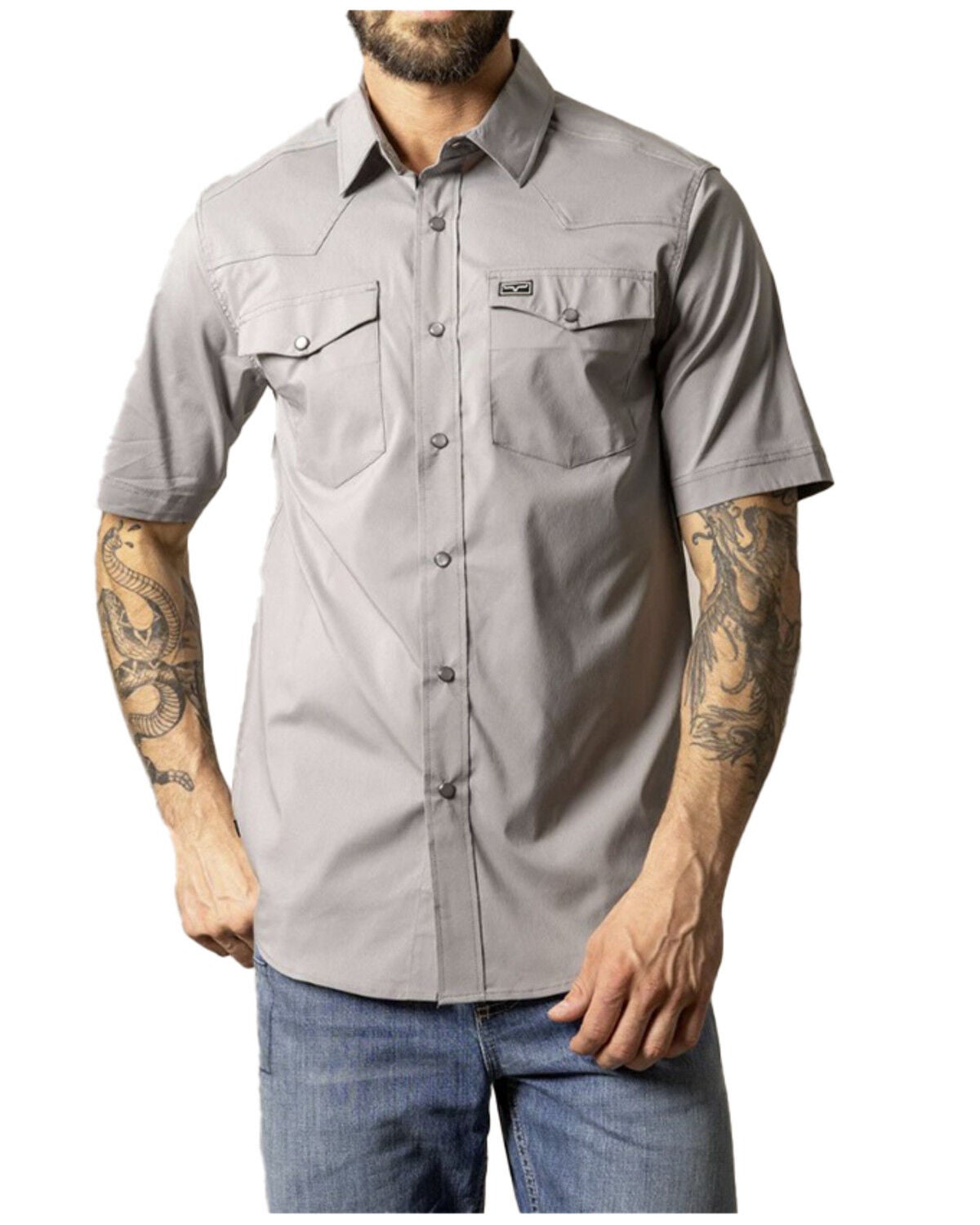 Kimes Ranch Men's Rio Solid Short Sleeve Button-Down Performance Shirt, Grey, hi-res