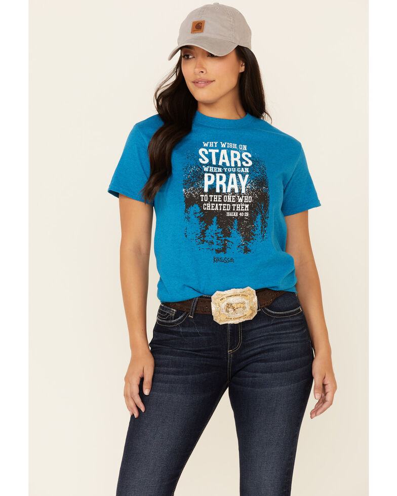 Kerusso Women's Why Pray To The Stars Graphic Short Sleeve Tee , Turquoise, hi-res