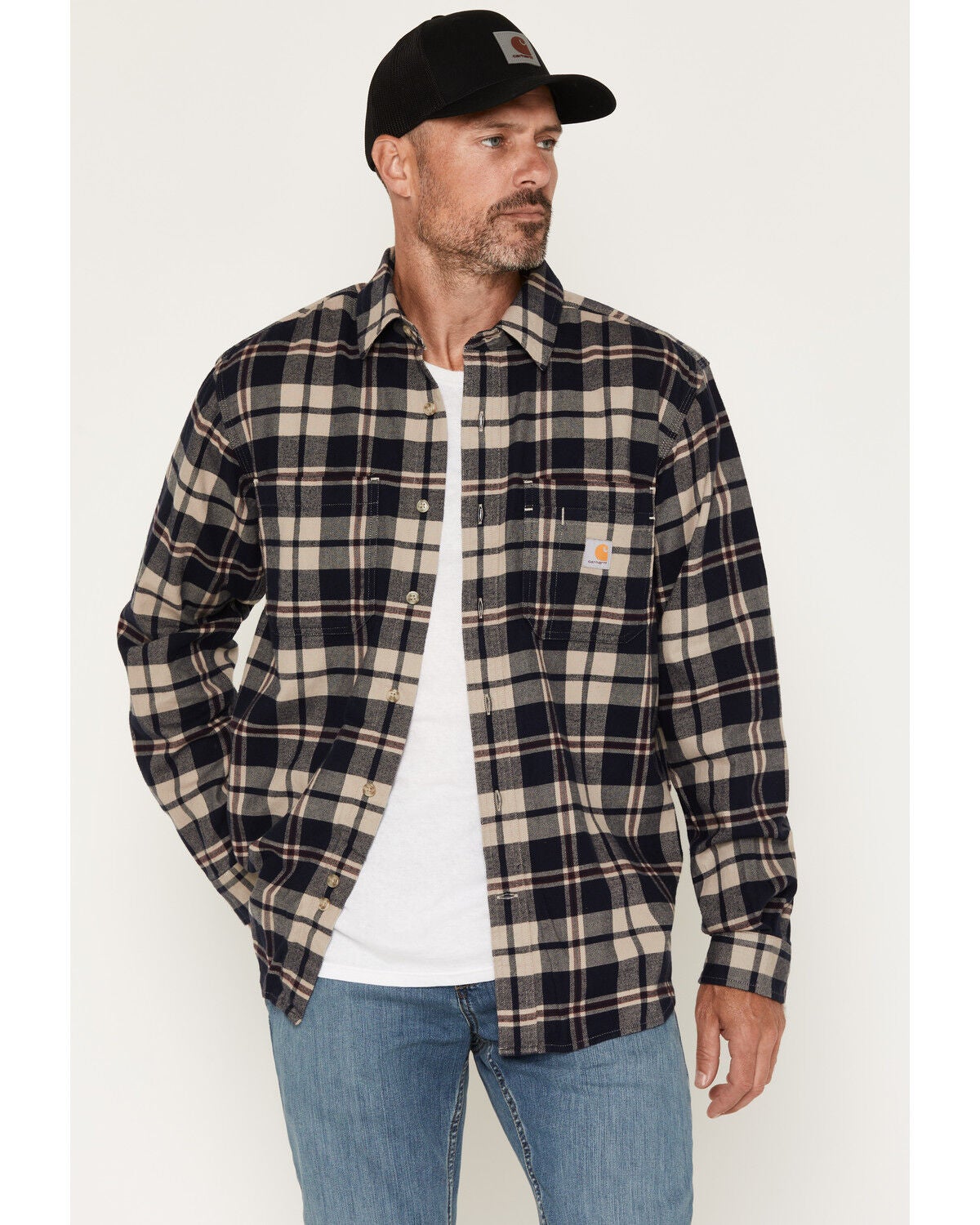 Carhartt Men's Hamilton Relaxed Plaid Print Long Sleeve Button-Down Stretch Flannel Shirt, Navy, hi-res