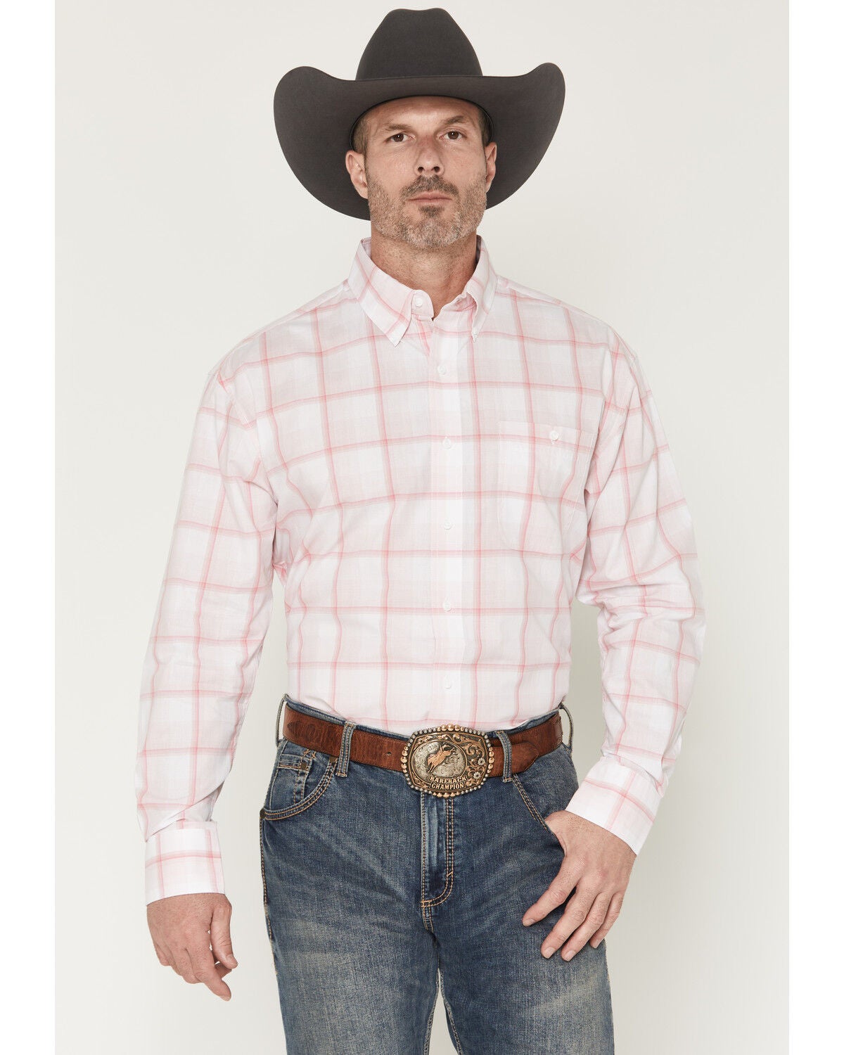 Image #1 - Wrangler Men's Bucking Cancer Plaid Print Long Sleeve Button-Down Western Shirt, Pink, hi-res