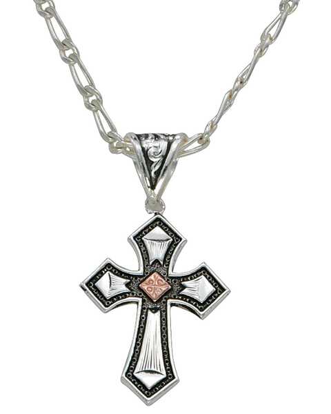 Montana Silversmiths Men's Antique Silver with Copper Cross Necklace, Silver, hi-res