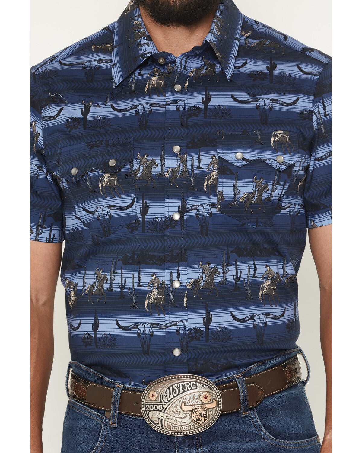 Image #3 - Rock & Roll Denim Men's Serape Striped Steerhead Short Sleeve Snap Stretch Western Shirt, Navy, hi-res