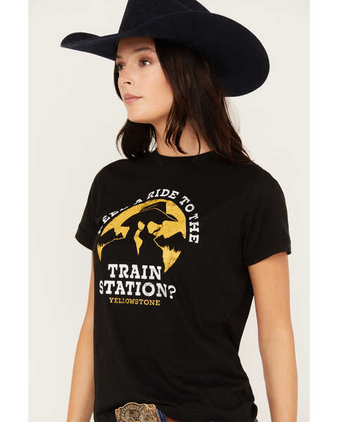Image #2 - Changes Women's Yellowstone Train Station Short Sleeve Graphic Tee, Black, hi-res