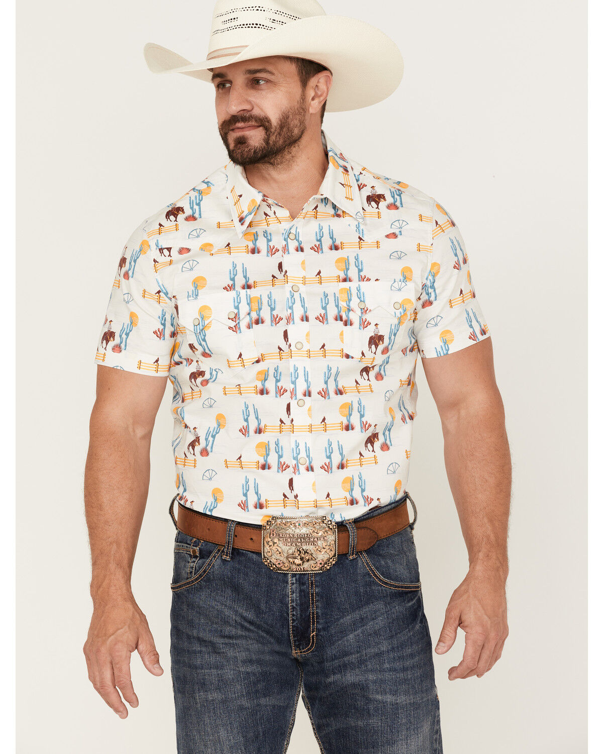 Image #1 - Dale Brisby Men's Cactus Conversational Print Short Sleeve Snap Western Shirt, Teal, hi-res