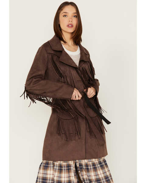 Powder River Outfitters Women's Suede Fringe Coat, Brown, hi-res