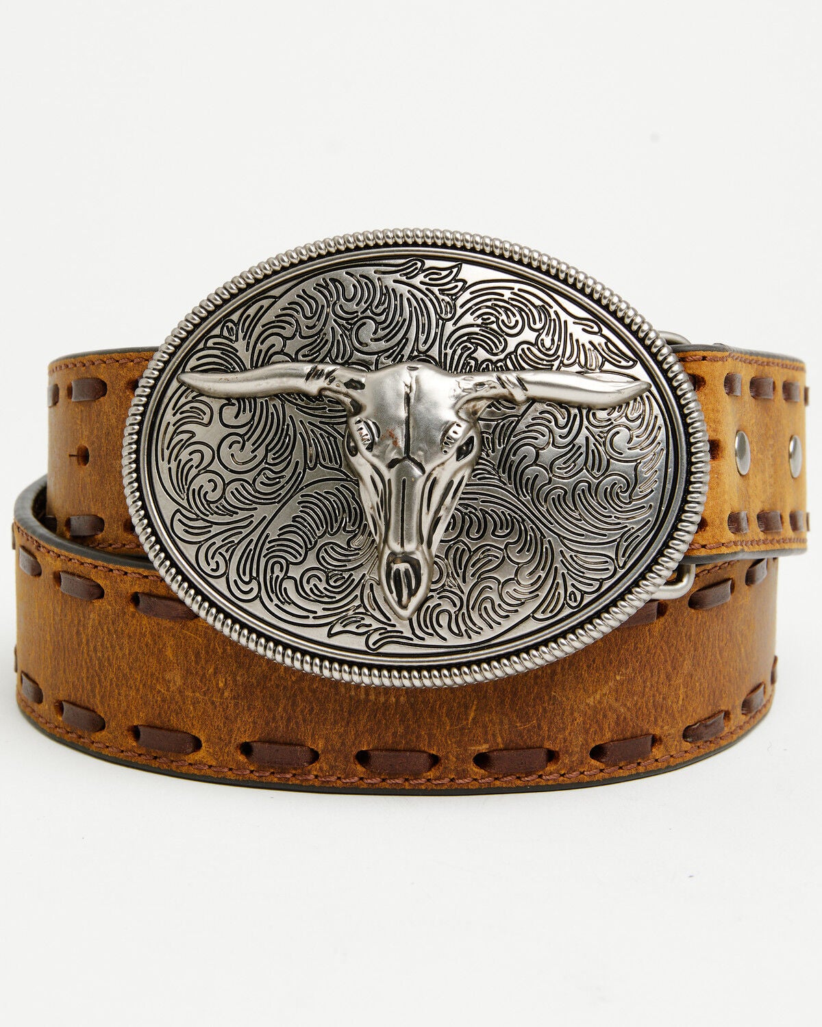 Cody James Men's Longhorn Whipstitch Buckle Belt, Brown, hi-res
