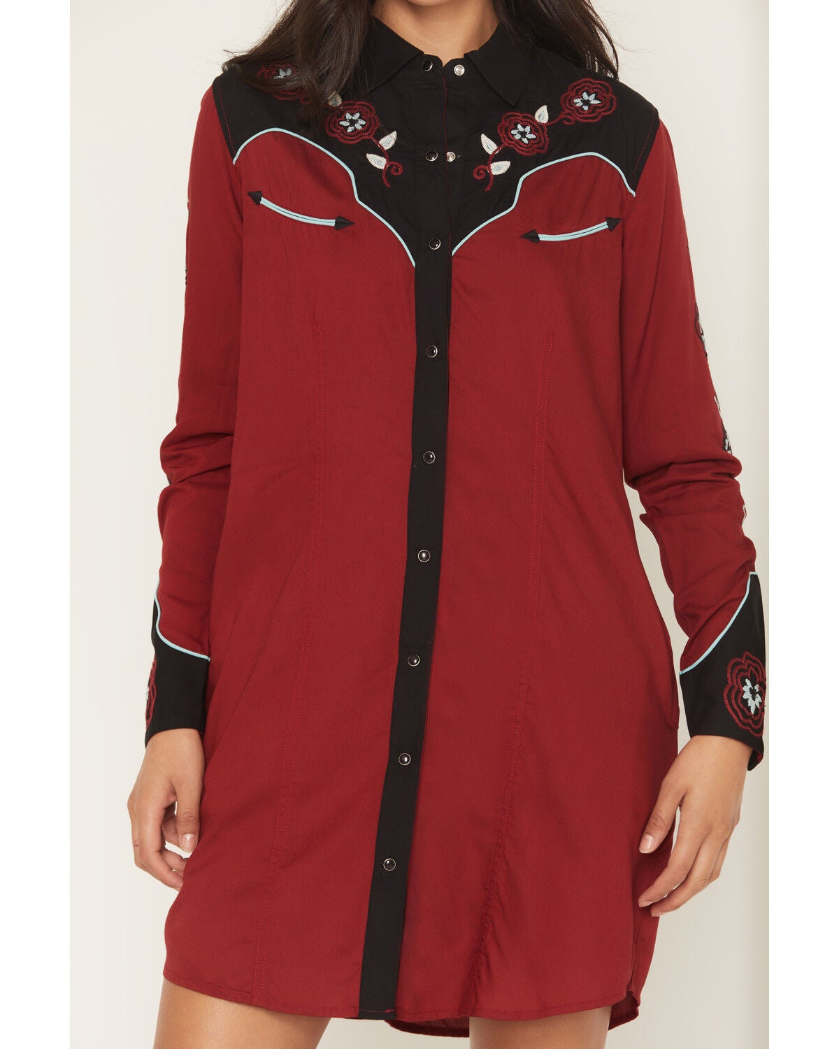 Image #3 - Panhandle Slim Women's Boot Barn Exclusive Long Sleeve Retro Embroidered Challis Mini Dress, Burgundy, hi-res
