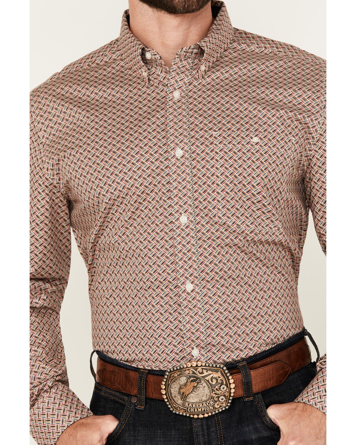 Image #3 - RANK 45&reg; Men's Wallace Geo Print Long Sleeve Button-Down Stretch Western Shirt, Ivory, hi-res
