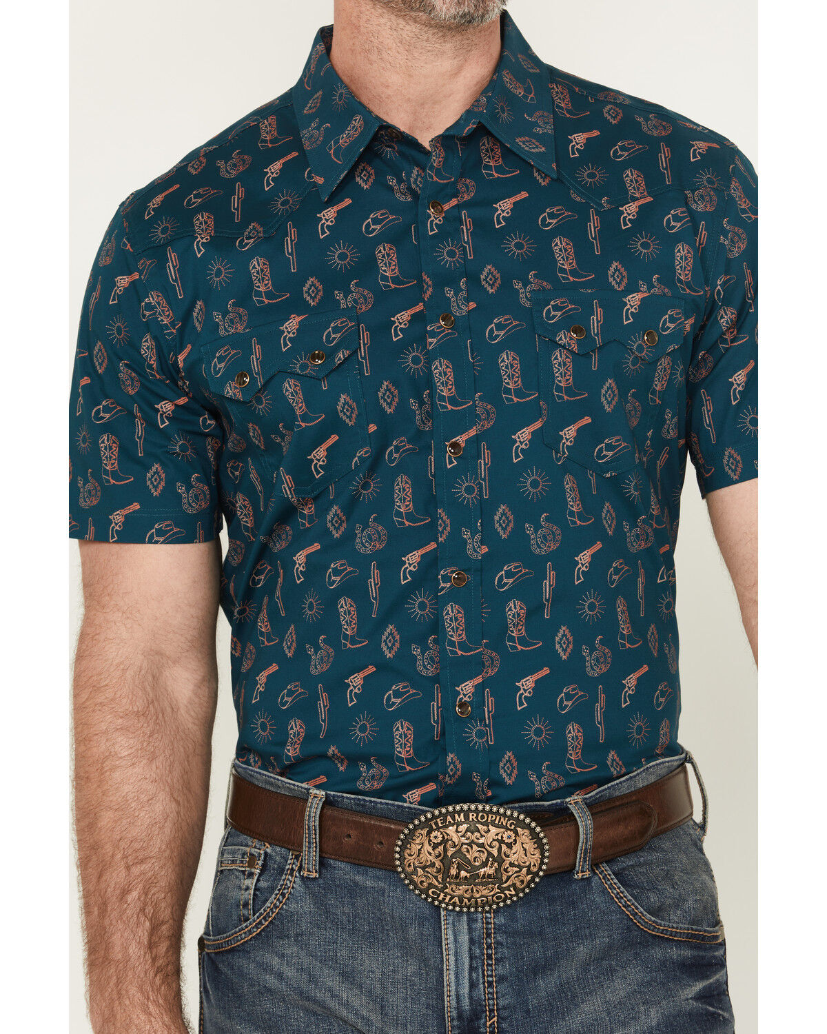 Image #3 - Rock & Roll Denim Men's Cowboy Print Short Sleeve Snap Stretch Western Shirt, Teal, hi-res