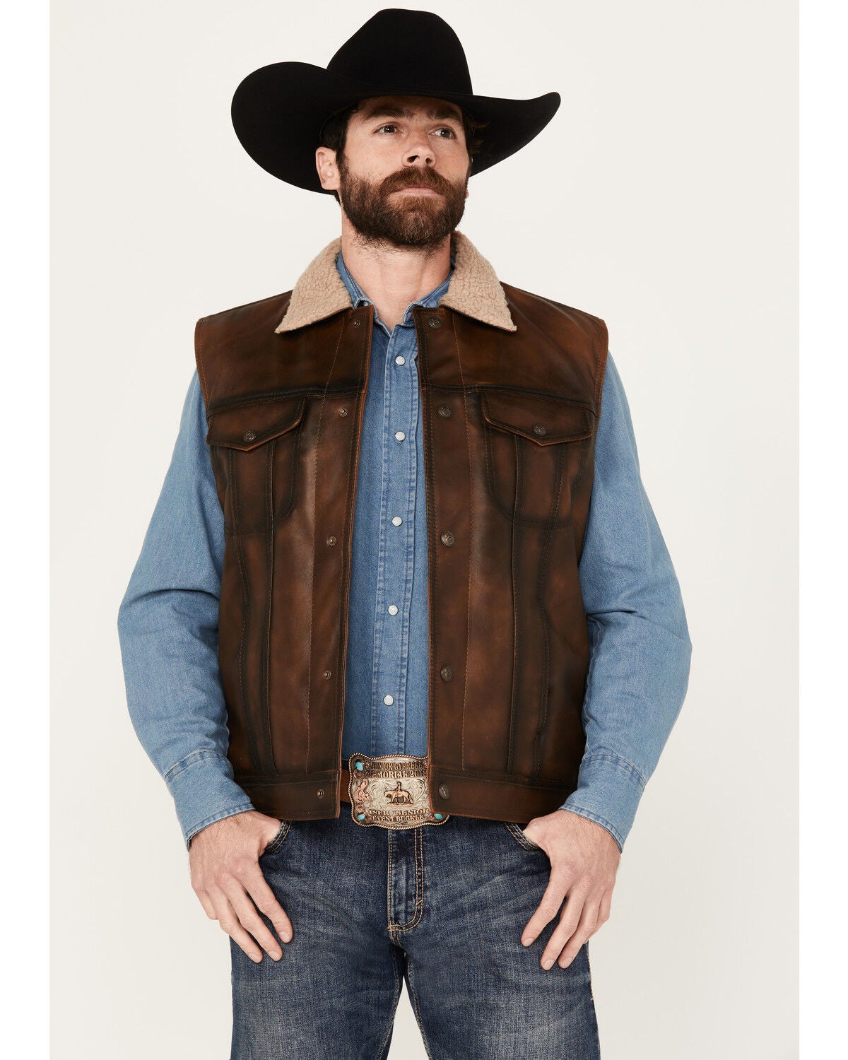 Cripple Creek Men's Sherpa Lined Leather Vest, Brown, hi-res