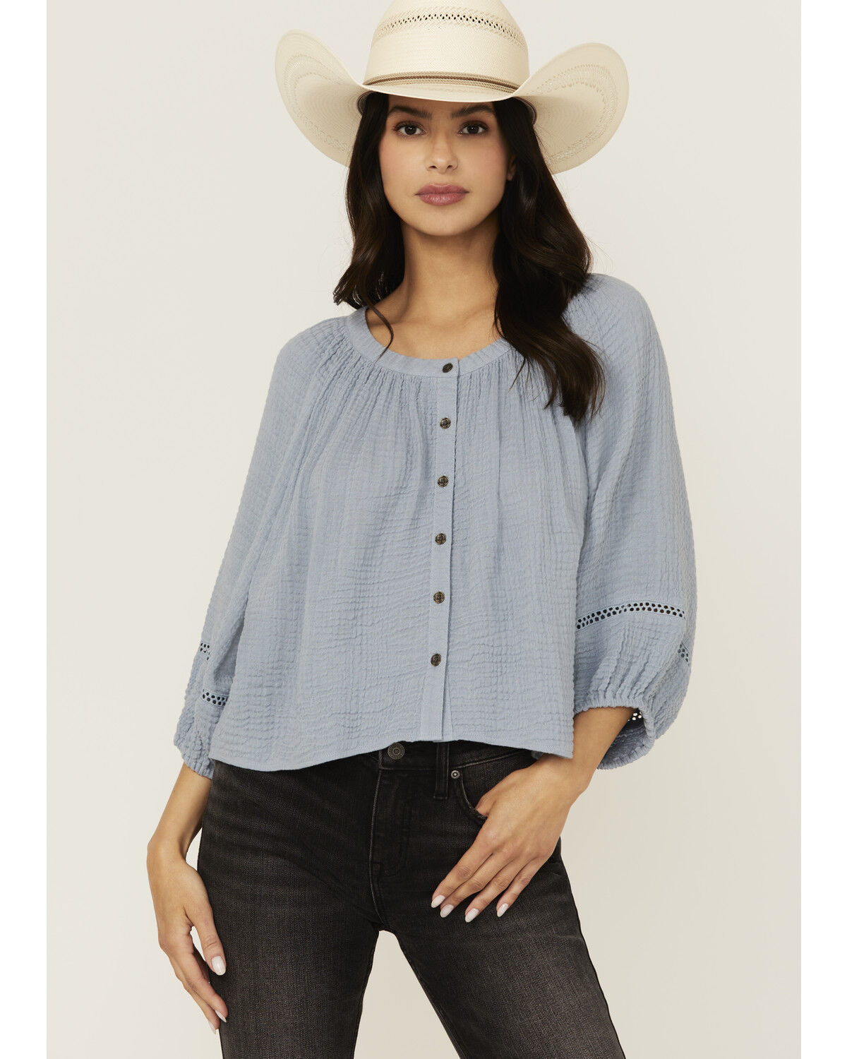 Image #1 - Cleo + Wolf Women's Brie Crochet Trim Long Sleeve Shirt, Light Blue, hi-res