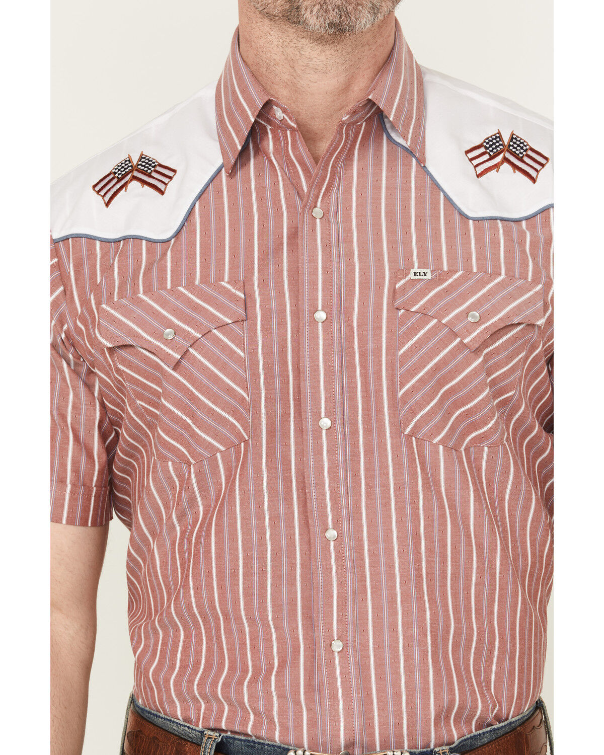 Image #3 - Ely Walker Men's Flag Yoke Striped Short Sleeve Pearl Snap Western Shirt, Red, hi-res